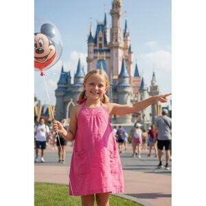 Disney Store Linen Sundress Girl Size 10 Hot Pink Sleeveless Pockets Knee floral